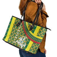 Lithuania Knight Pattern Leather Tote Bag with Traditional Green Yellow Red Design and Vytis Emblem - Wonder Print Shop