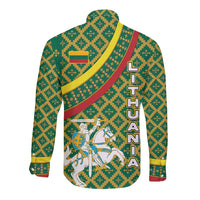 Lithuania Knight Pattern Long Sleeve Button Shirt with Traditional Green Yellow Red Design and Vytis Emblem - Wonder Print Shop