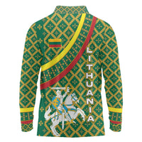 Lithuania Knight Pattern Long Sleeve Polo Shirt with Traditional Green Yellow Red Design and Vytis Emblem - Wonder Print Shop