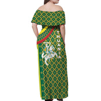 Lithuania Knight Pattern Off Shoulder Maxi Dress with Traditional Green Yellow Red Design and Vytis Emblem - Wonder Print Shop