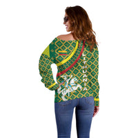 Lithuania Knight Pattern Off Shoulder Sweater with Traditional Green Yellow Red Design and Vytis Emblem - Wonder Print Shop