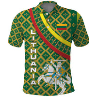 Lithuania Knight Pattern Polo Shirt with Traditional Green Yellow Red Design and Vytis Emblem - Wonder Print Shop