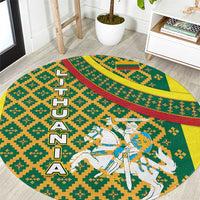 Lithuania Knight Pattern Round Carpet with Traditional Green Yellow Red Design and Vytis Emblem - Wonder Print Shop