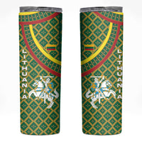 Lithuania Knight Pattern Skinny Tumbler with Traditional Green Yellow Red Design and Vytis Emblem - Wonder Print Shop