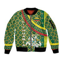 Lithuania Knight Pattern Sleeve Zip Bomber Jacket with Traditional Green Yellow Red Design and Vytis Emblem - Wonder Print Shop