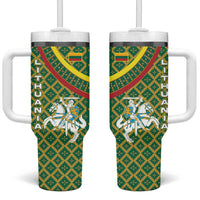 Lithuania Knight Pattern Tumbler With Handle with Traditional Green Yellow Red Design and Vytis Emblem - Wonder Print Shop