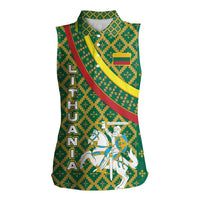 Lithuania Knight Pattern Women Sleeveless Polo Shirt with Traditional Green Yellow Red Design and Vytis Emblem - Wonder Print Shop