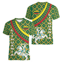 Lithuania Knight Pattern Women V-Neck T-Shirt with Traditional Green Yellow Red Design and Vytis Emblem - Wonder Print Shop