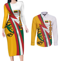 Lithuania Flag Colors Couples Matching Long Sleeve Bodycon Dress and Long Sleeve Button Shirt with Vytis Knight Design and Bold Lightning Motif - Wonder Print Shop