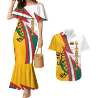 Lithuania Flag Colors Couples Matching Mermaid Dress and Hawaiian Shirt with Vytis Knight Design and Bold Lightning Motif - Wonder Print Shop
