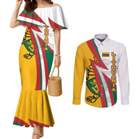 Lithuania Flag Colors Couples Matching Mermaid Dress and Long Sleeve Button Shirt with Vytis Knight Design and Bold Lightning Motif - Wonder Print Shop