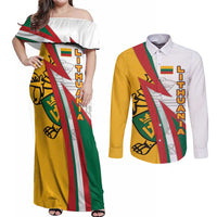 Lithuania Flag Colors Couples Matching Off Shoulder Maxi Dress and Long Sleeve Button Shirt with Vytis Knight Design and Bold Lightning Motif - Wonder Print Shop