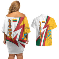 Lithuania Flag Colors Couples Matching Off Shoulder Short Dress and Hawaiian Shirt with Vytis Knight Design and Bold Lightning Motif - Wonder Print Shop