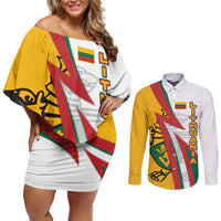 Lithuania Flag Colors Couples Matching Off Shoulder Short Dress and Long Sleeve Button Shirt with Vytis Knight Design and Bold Lightning Motif - Wonder Print Shop