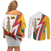 Lithuania Flag Colors Couples Matching Off Shoulder Short Dress and Long Sleeve Button Shirt with Vytis Knight Design and Bold Lightning Motif - Wonder Print Shop