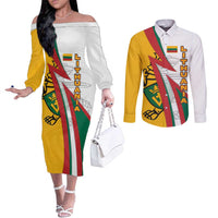 Lithuania Flag Colors Couples Matching Off The Shoulder Long Sleeve Dress and Long Sleeve Button Shirt with Vytis Knight Design and Bold Lightning Motif - Wonder Print Shop