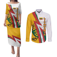 Lithuania Flag Colors Couples Matching Puletasi and Long Sleeve Button Shirt with Vytis Knight Design and Bold Lightning Motif - Wonder Print Shop