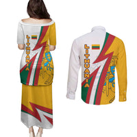 Lithuania Flag Colors Couples Matching Puletasi and Long Sleeve Button Shirt with Vytis Knight Design and Bold Lightning Motif - Wonder Print Shop