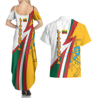 Lithuania Flag Colors Couples Matching Summer Maxi Dress and Hawaiian Shirt with Vytis Knight Design and Bold Lightning Motif - Wonder Print Shop