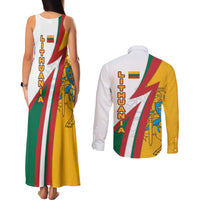 Lithuania Flag Colors Couples Matching Tank Maxi Dress and Long Sleeve Button Shirt with Vytis Knight Design and Bold Lightning Motif - Wonder Print Shop