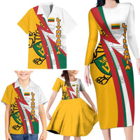 Lithuania Flag Colors Family Matching Long Sleeve Bodycon Dress and Hawaiian Shirt with Vytis Knight Design and Bold Lightning Motif - Wonder Print Shop