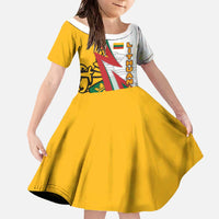 Lithuania Flag Colors Family Matching Off The Shoulder Long Sleeve Dress and Hawaiian Shirt with Vytis Knight Design and Bold Lightning Motif - Wonder Print Shop