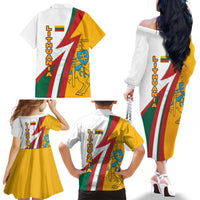 Lithuania Flag Colors Family Matching Off The Shoulder Long Sleeve Dress and Hawaiian Shirt with Vytis Knight Design and Bold Lightning Motif - Wonder Print Shop