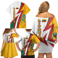 Lithuania Flag Colors Family Matching Off Shoulder Short Dress and Hawaiian Shirt with Vytis Knight Design and Bold Lightning Motif - Wonder Print Shop