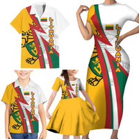 Lithuania Flag Colors Family Matching Short Sleeve Bodycon Dress and Hawaiian Shirt with Vytis Knight Design and Bold Lightning Motif - Wonder Print Shop