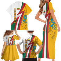 Lithuania Flag Colors Family Matching Short Sleeve Bodycon Dress and Hawaiian Shirt with Vytis Knight Design and Bold Lightning Motif - Wonder Print Shop