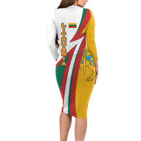 Lithuania Flag Colors Long Sleeve Bodycon Dress with Vytis Knight Design and Bold Lightning Motif - Wonder Print Shop