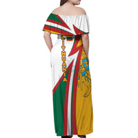Lithuania Flag Colors Off Shoulder Maxi Dress with Vytis Knight Design and Bold Lightning Motif - Wonder Print Shop