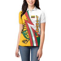 Lithuania Flag Colors Women Polo Shirt with Vytis Knight Design and Bold Lightning Motif - Wonder Print Shop