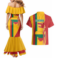 Lithuania Red Couples Matching Mermaid Dress and Hawaiian Shirt with Bold Vytis Cross Design and Tricolor Flag Accents - Wonder Print Shop