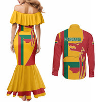 Lithuania Red Couples Matching Mermaid Dress and Long Sleeve Button Shirt with Bold Vytis Cross Design and Tricolor Flag Accents - Wonder Print Shop