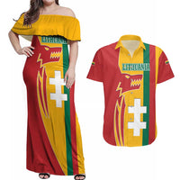 Lithuania Red Couples Matching Off Shoulder Maxi Dress and Hawaiian Shirt with Bold Vytis Cross Design and Tricolor Flag Accents - Wonder Print Shop