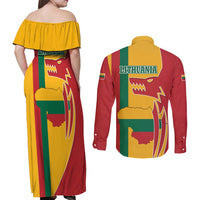 Lithuania Red Couples Matching Off Shoulder Maxi Dress and Long Sleeve Button Shirt with Bold Vytis Cross Design and Tricolor Flag Accents - Wonder Print Shop