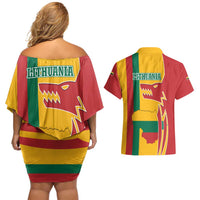 Lithuania Red Couples Matching Off Shoulder Short Dress and Hawaiian Shirt with Bold Vytis Cross Design and Tricolor Flag Accents - Wonder Print Shop