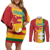 Lithuania Red Couples Matching Off Shoulder Short Dress and Long Sleeve Button Shirt with Bold Vytis Cross Design and Tricolor Flag Accents - Wonder Print Shop