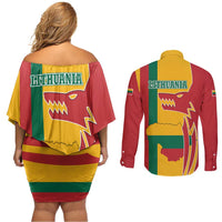 Lithuania Red Couples Matching Off Shoulder Short Dress and Long Sleeve Button Shirt with Bold Vytis Cross Design and Tricolor Flag Accents - Wonder Print Shop