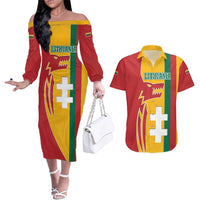 Lithuania Red Couples Matching Off The Shoulder Long Sleeve Dress and Hawaiian Shirt with Bold Vytis Cross Design and Tricolor Flag Accents - Wonder Print Shop