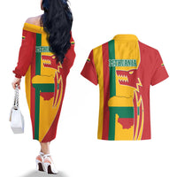 Lithuania Red Couples Matching Off The Shoulder Long Sleeve Dress and Hawaiian Shirt with Bold Vytis Cross Design and Tricolor Flag Accents - Wonder Print Shop