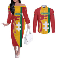 Lithuania Red Couples Matching Off The Shoulder Long Sleeve Dress and Long Sleeve Button Shirt with Bold Vytis Cross Design and Tricolor Flag Accents - Wonder Print Shop