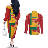 Lithuania Red Couples Matching Off The Shoulder Long Sleeve Dress and Long Sleeve Button Shirt with Bold Vytis Cross Design and Tricolor Flag Accents - Wonder Print Shop