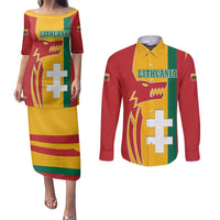 Lithuania Red Couples Matching Puletasi and Long Sleeve Button Shirt with Bold Vytis Cross Design and Tricolor Flag Accents - Wonder Print Shop