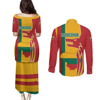 Lithuania Red Couples Matching Puletasi and Long Sleeve Button Shirt with Bold Vytis Cross Design and Tricolor Flag Accents - Wonder Print Shop