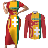 Lithuania Red Couples Matching Short Sleeve Bodycon Dress and Long Sleeve Button Shirt with Bold Vytis Cross Design and Tricolor Flag Accents - Wonder Print Shop