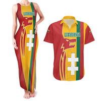 Lithuania Red Couples Matching Tank Maxi Dress and Hawaiian Shirt with Bold Vytis Cross Design and Tricolor Flag Accents - Wonder Print Shop