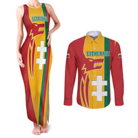 Lithuania Red Couples Matching Tank Maxi Dress and Long Sleeve Button Shirt with Bold Vytis Cross Design and Tricolor Flag Accents - Wonder Print Shop