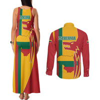 Lithuania Red Couples Matching Tank Maxi Dress and Long Sleeve Button Shirt with Bold Vytis Cross Design and Tricolor Flag Accents - Wonder Print Shop